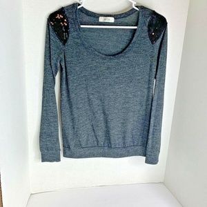 10 18 Womens Sz S Long SLeeve Gray Charcoal Tee Tshirt Shirt Top Bling Shoulder